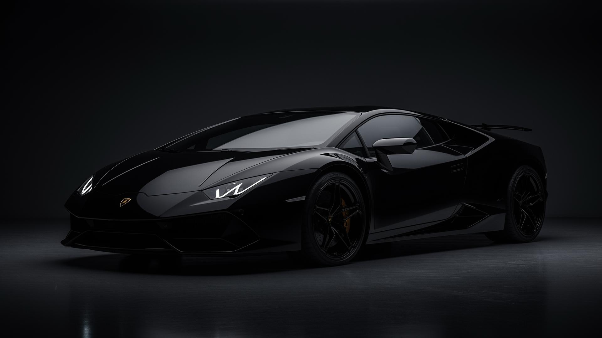 Modern black Lamborghini supercar photographed in a dark studio